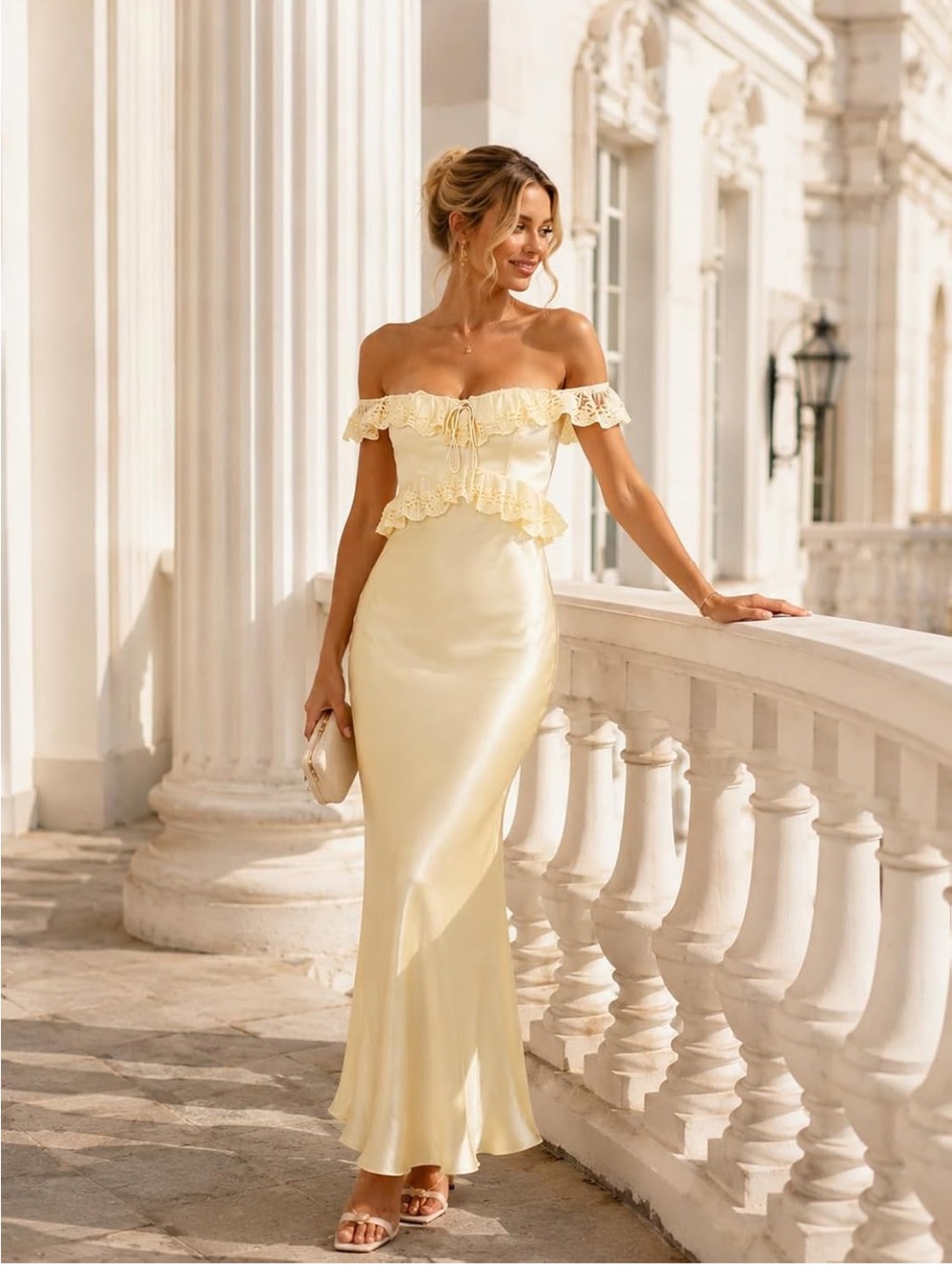 NWT Elegant Off-Shoulder butter yellow Lace Maxi Dress (M)